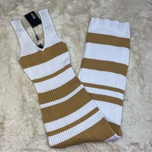 White and Tan Striped Ribbed Dress